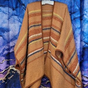 Cozy Burnt Sienna Angle-wing Shawl with Colorful Stripes
